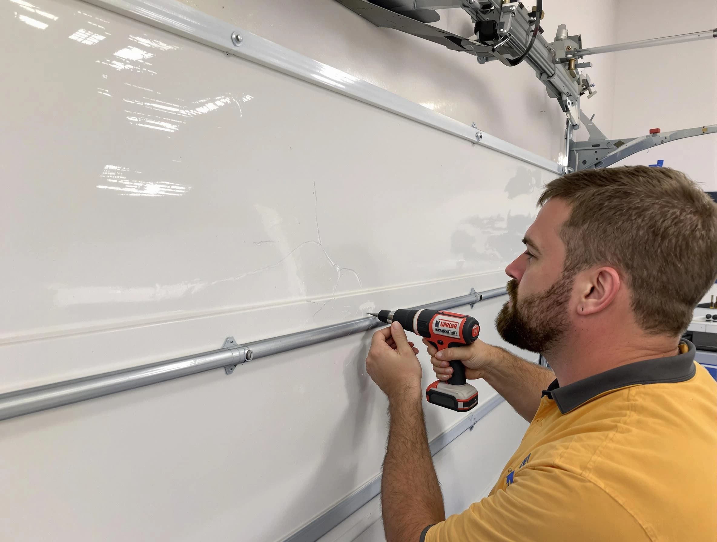 Bedford Garage Door Repair expert performing dent repair on garage door in Bedford