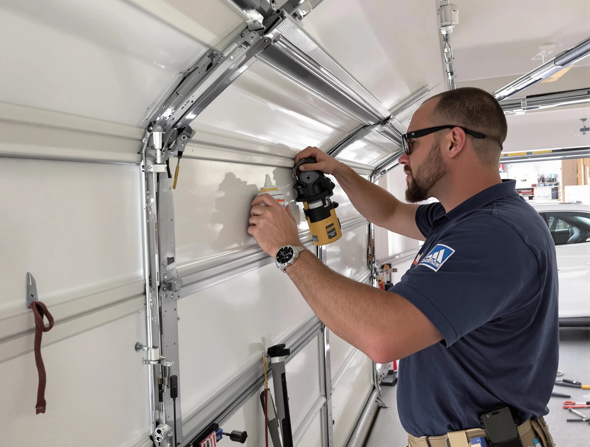 Bedford Garage Door Repair technician performing comprehensive noise reduction service in Bedford