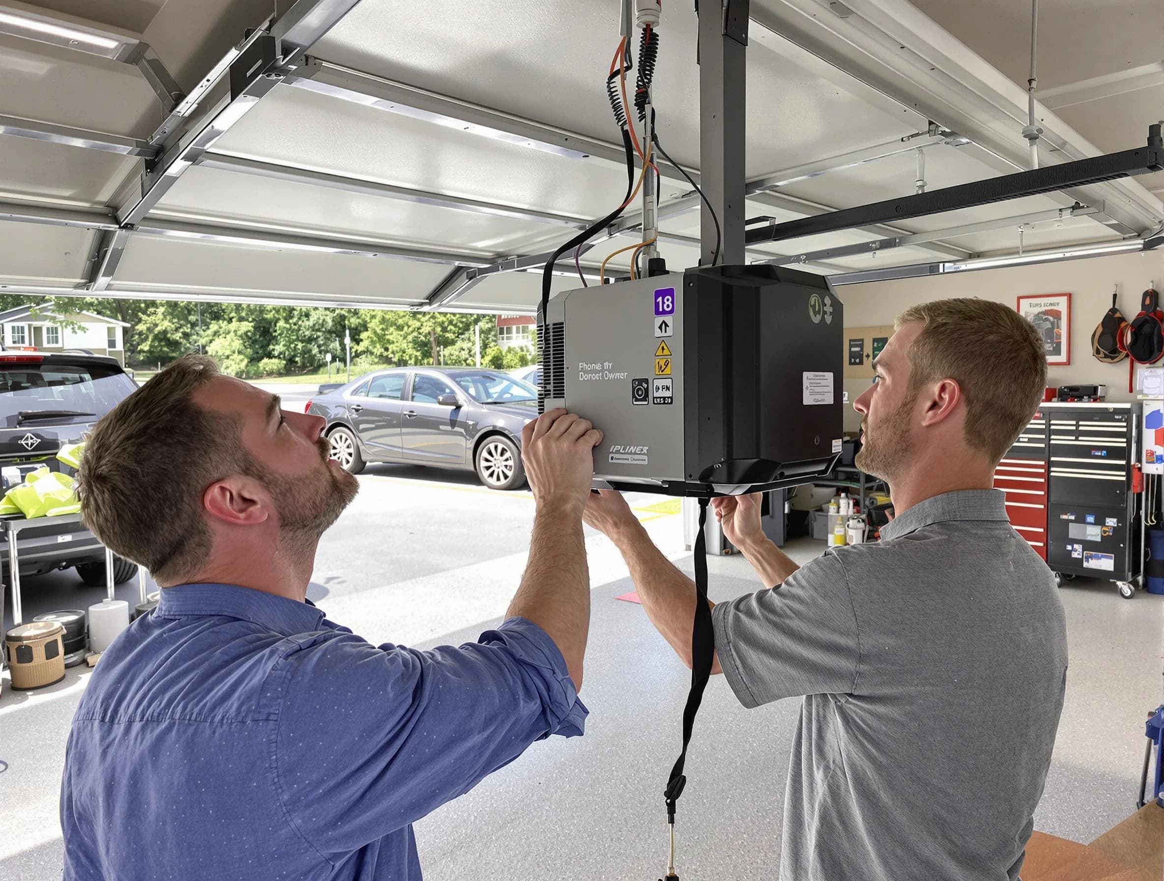 Bedford Garage Door Repair technician installing garage door opener in Bedford