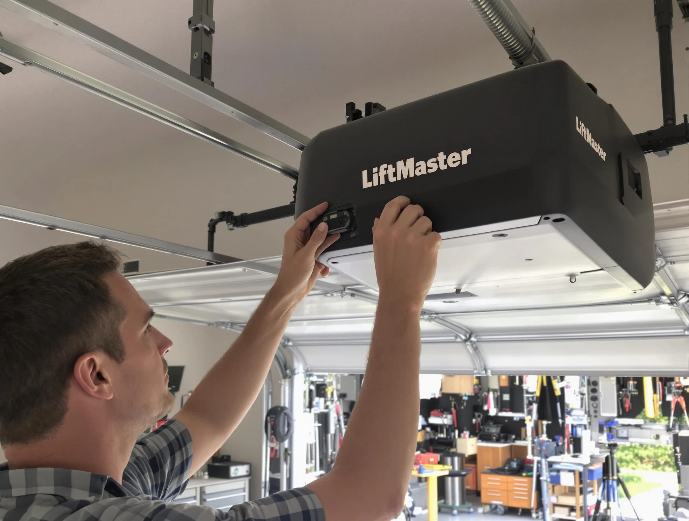 Bedford Garage Door Repair technician repairing garage door opener in Bedford