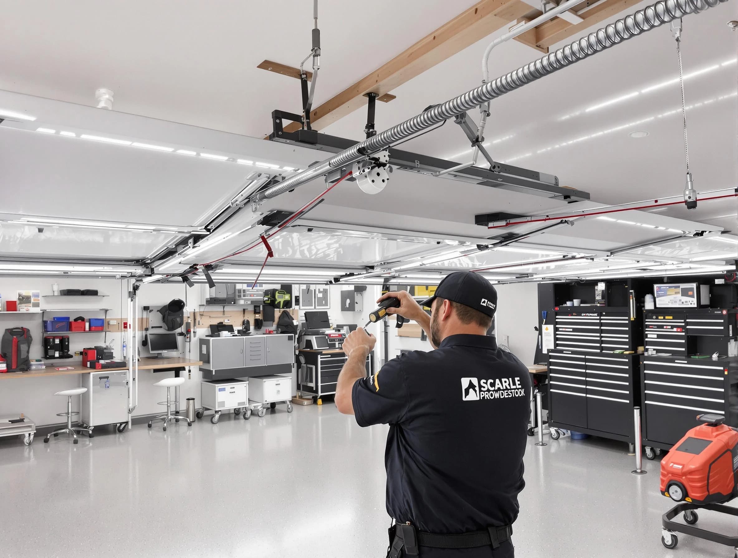 Bedford Garage Door Repair technician repairing overhead garage door in Bedford