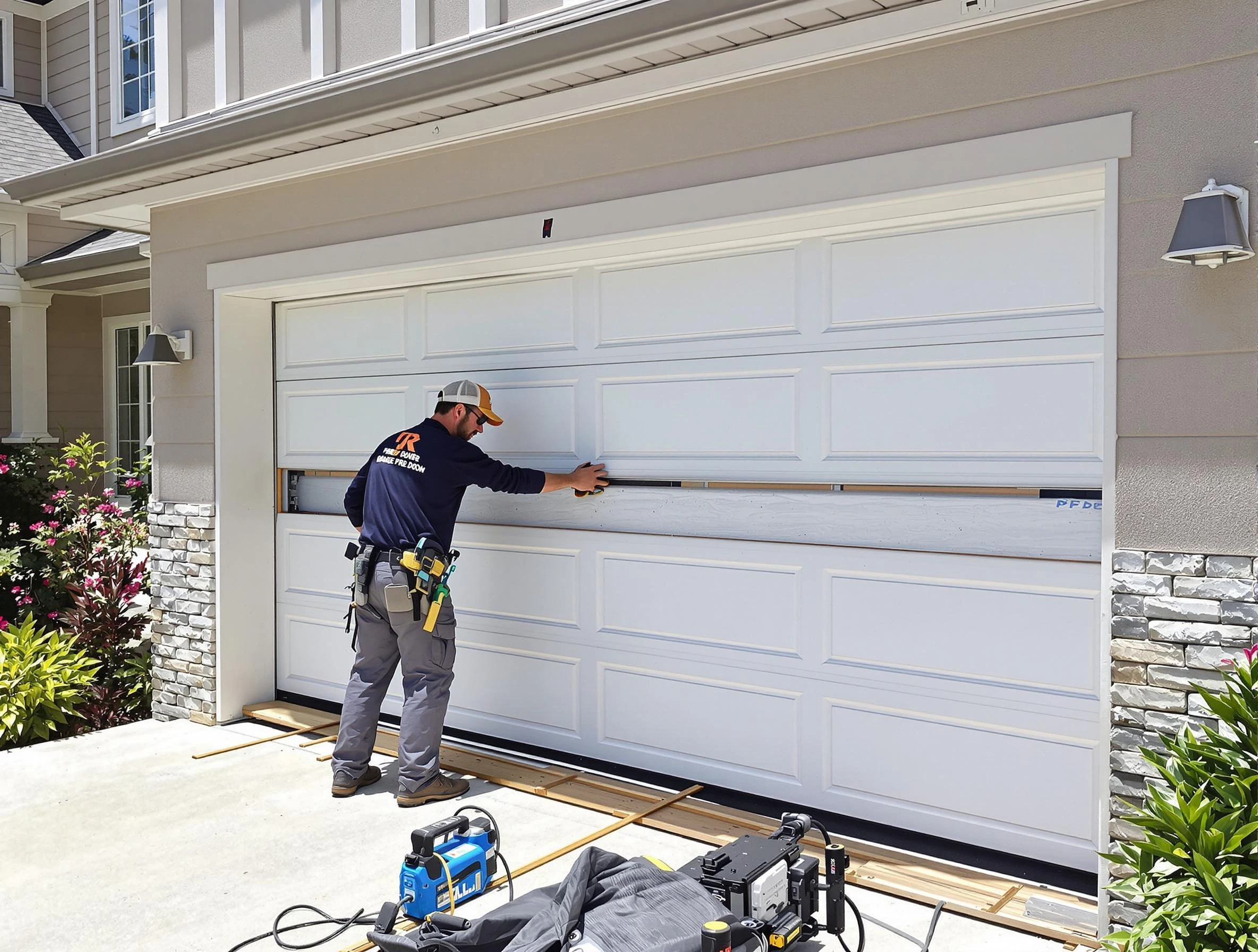 Bedford Garage Door Repair team performing complete garage door replacement at Bedford residence