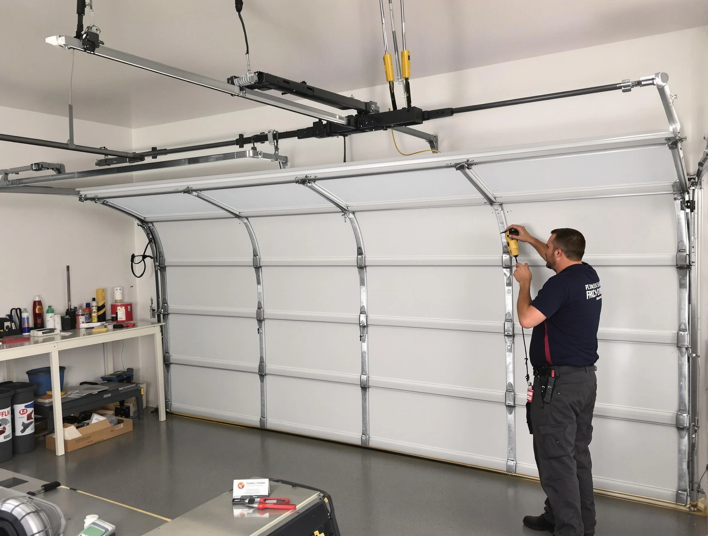 Bedford Garage Door Repair certified technician performing overhead door system repair in Bedford