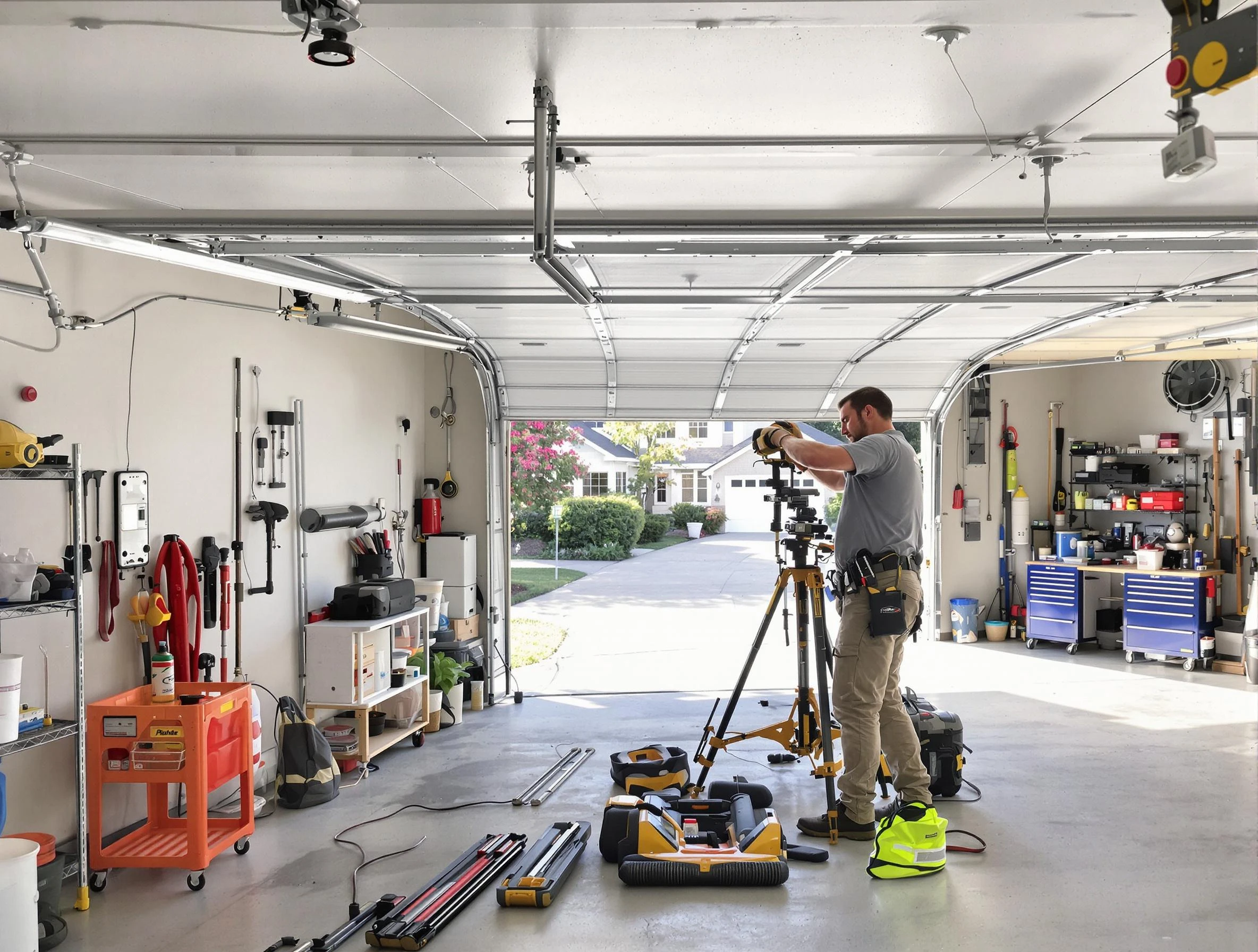 Bedford Garage Door Repair specialist performing laser-guided track alignment in Bedford